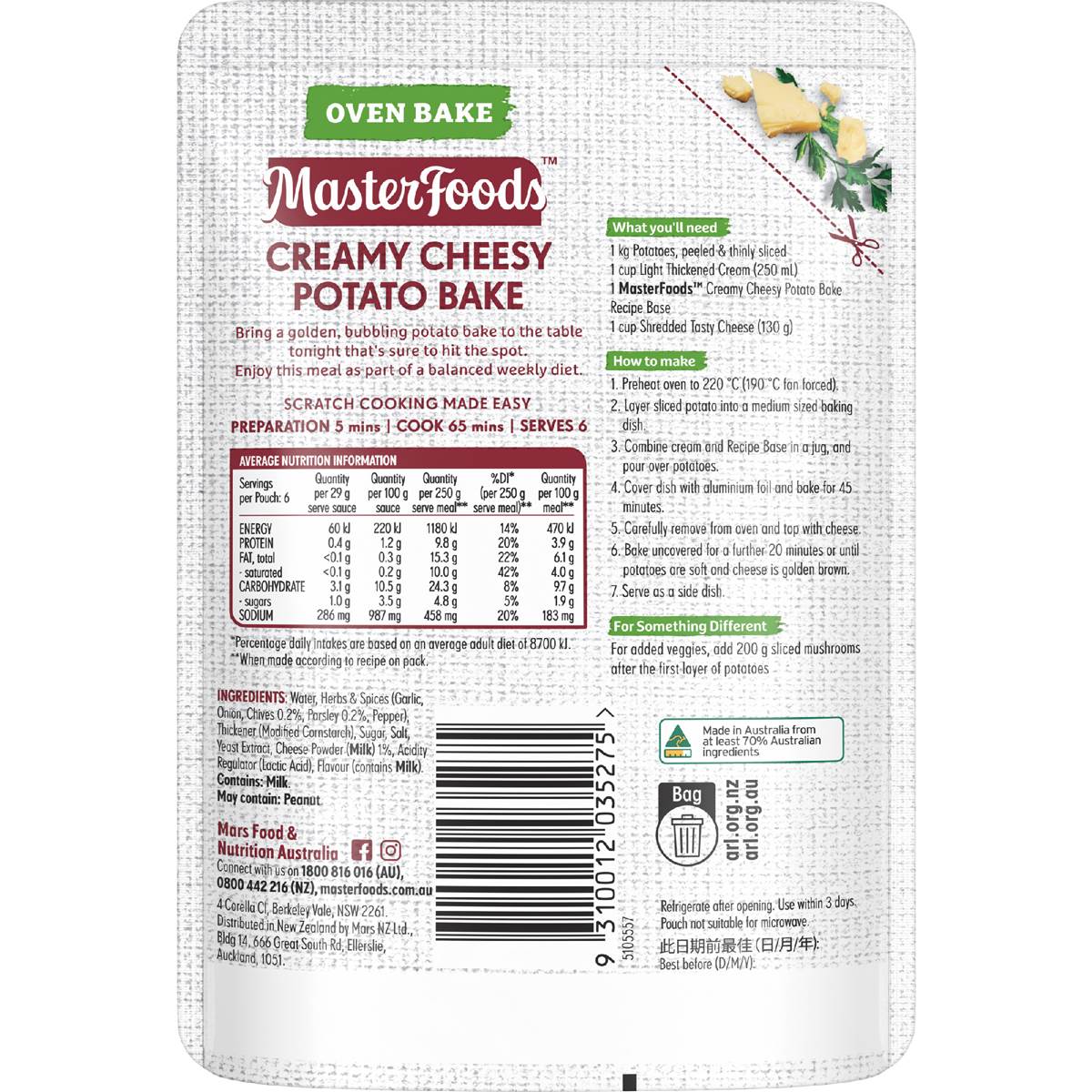 Masterfoods Side Dish Creamy Cheesy Potato Bake 175g Woolworths