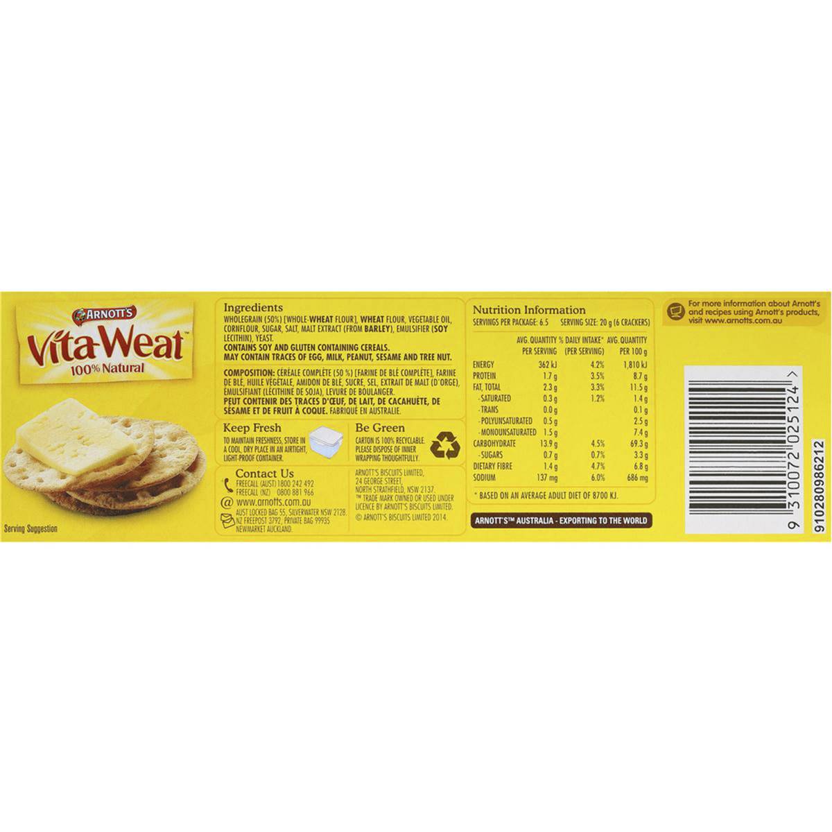 Arnotts Vita Weat Cracker Original 130g Woolworths