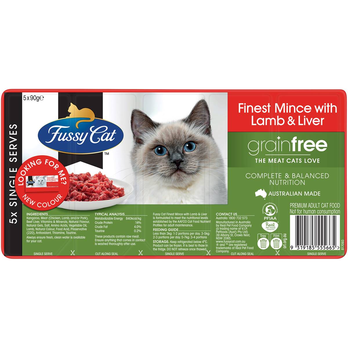 Fussy Cat Grain Free Adult Chilled Fresh Food Finest Mince Lamb & Liver 90g X5 Pack Woolworths