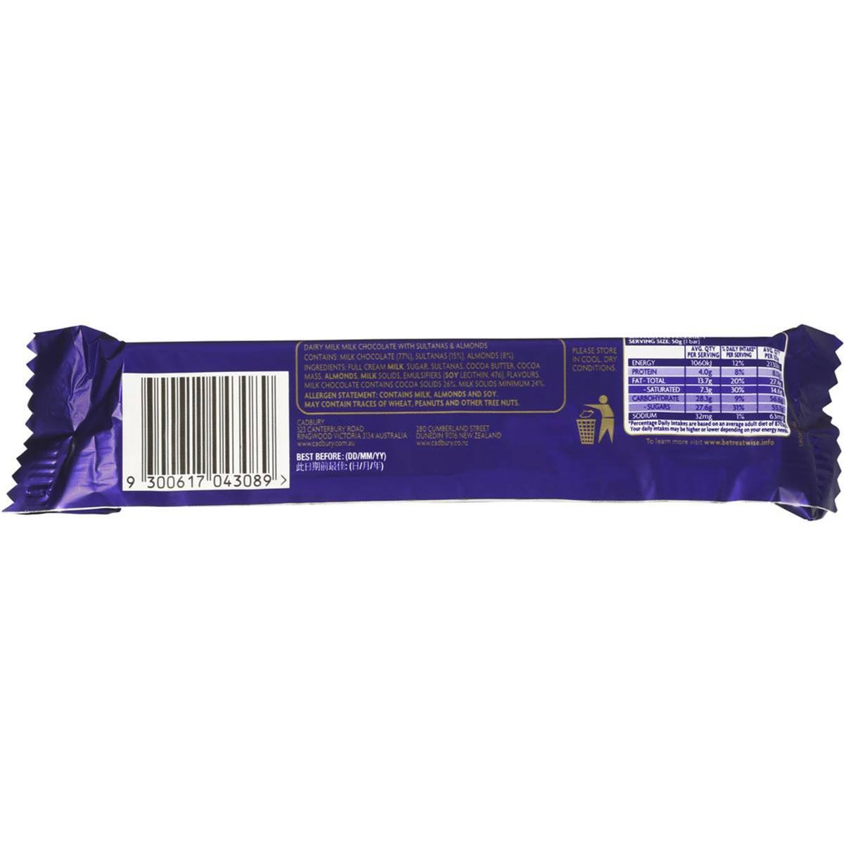 Cadbury Dairy Milk Chocolate Fruit & Nut 50g Bar | Woolworths