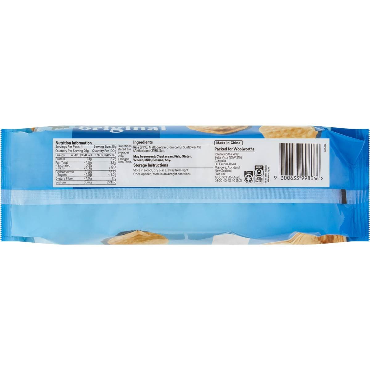 Woolworths Original Rice Crackers 100g Woolworths
