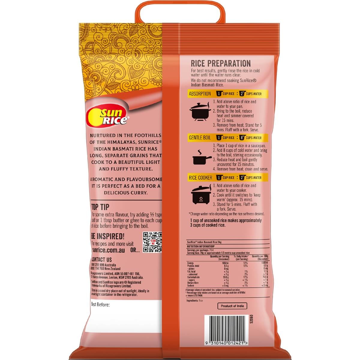 Sunrice Indian Grown Basmati Rice Classic 5kg Woolworths