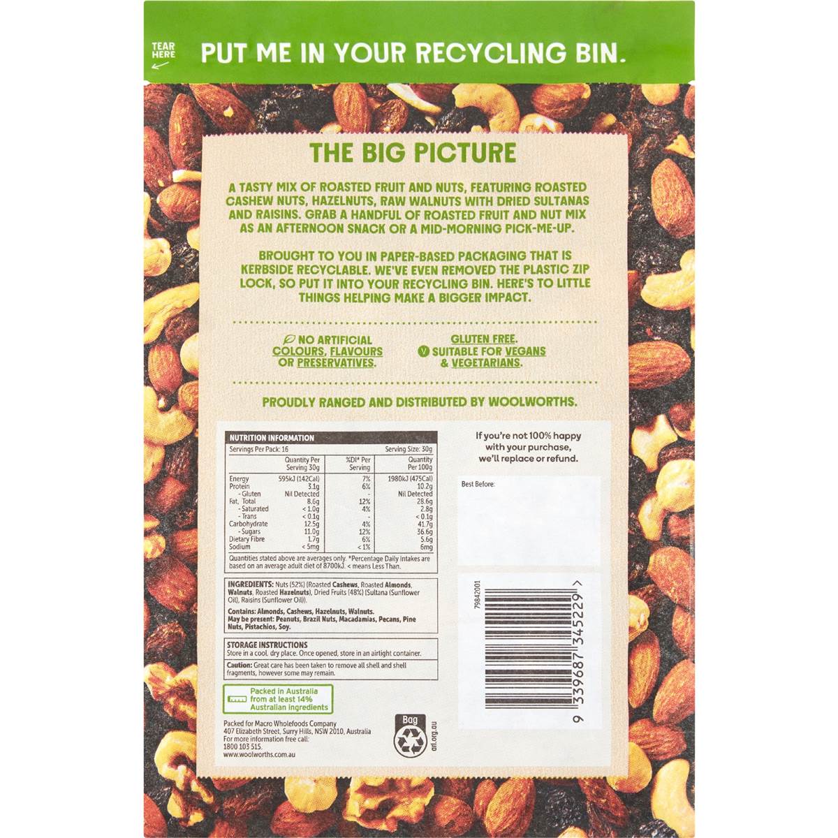 Macro Fruit & Nut Roasted Mix 500g Woolworths