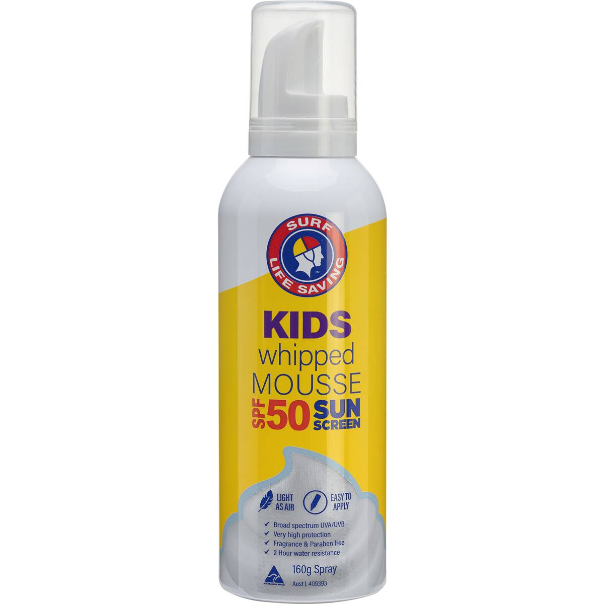 Surf Life Saving Kids Whipped Mousse Sunscreen Spray Spf 50