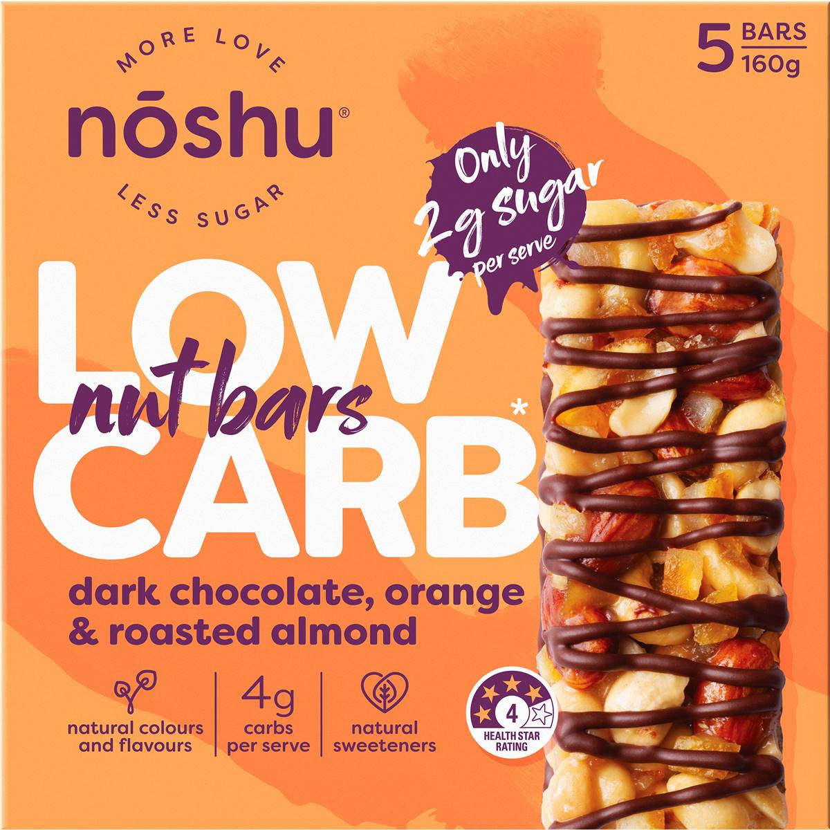 Noshu Low Carb Dark Chocolate Orange & Roasted Almond Nut Bars 5 Pack