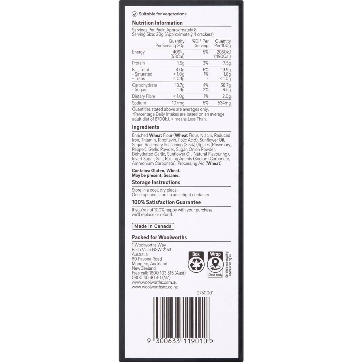 Woolworths Rosemary Wheaten Crackers 170g Woolworths