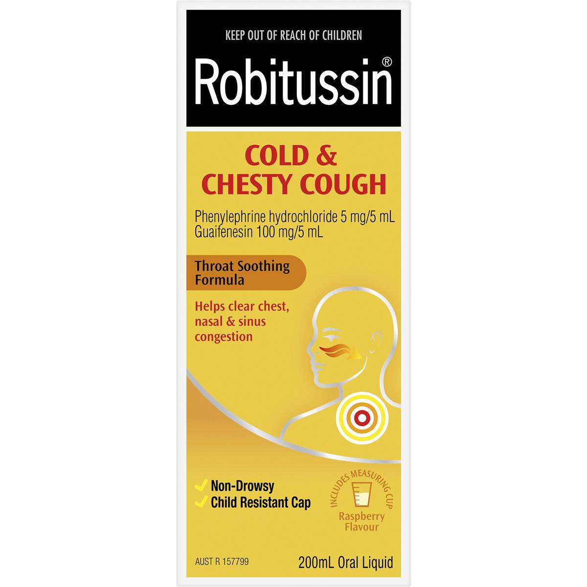 Robitussin Cold & Chesty Cough Cough Liquid Raspberry 200ml Woolworths