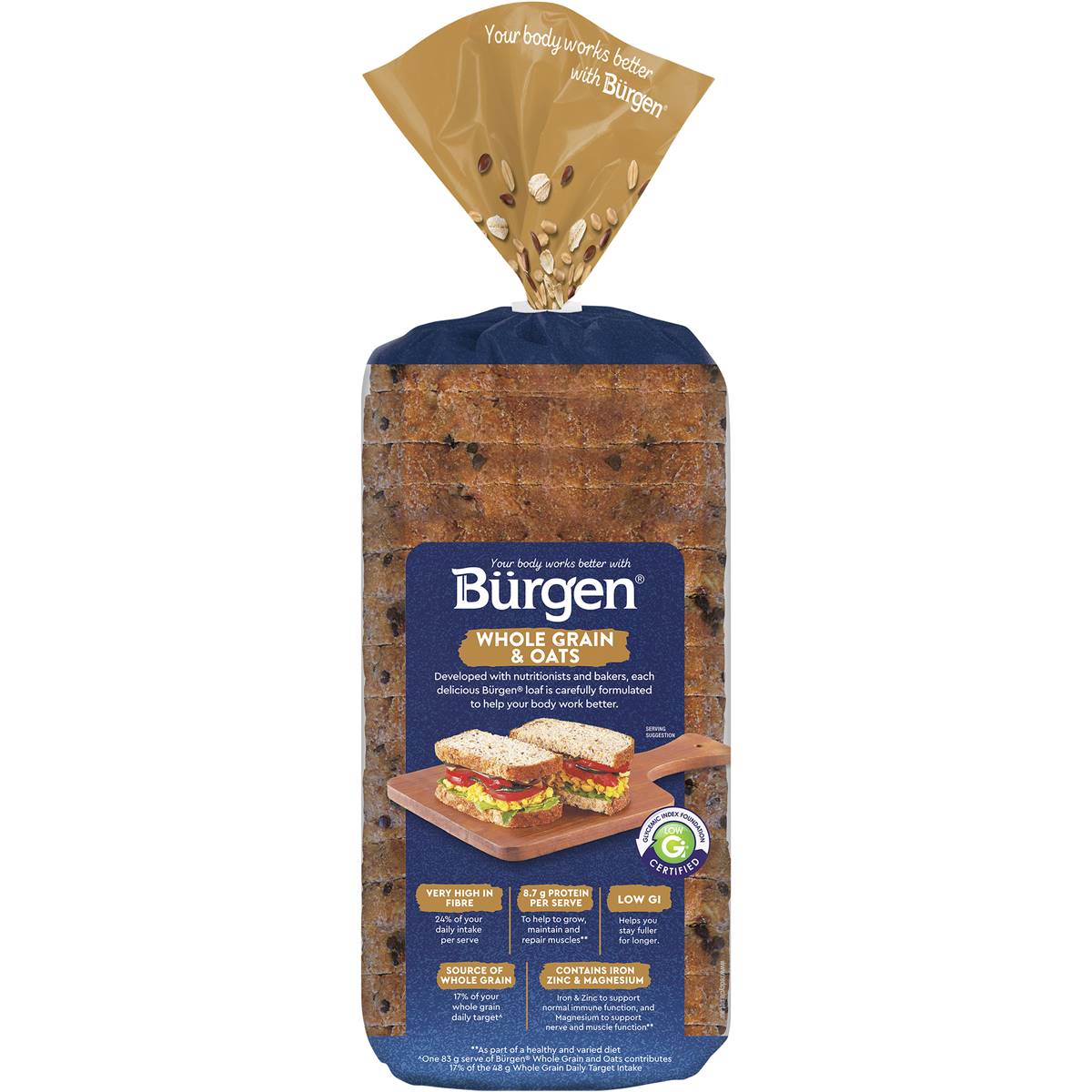 Burgen Wholegrain & Oats Low Gi Sliced Bread Loaf 700g Woolworths