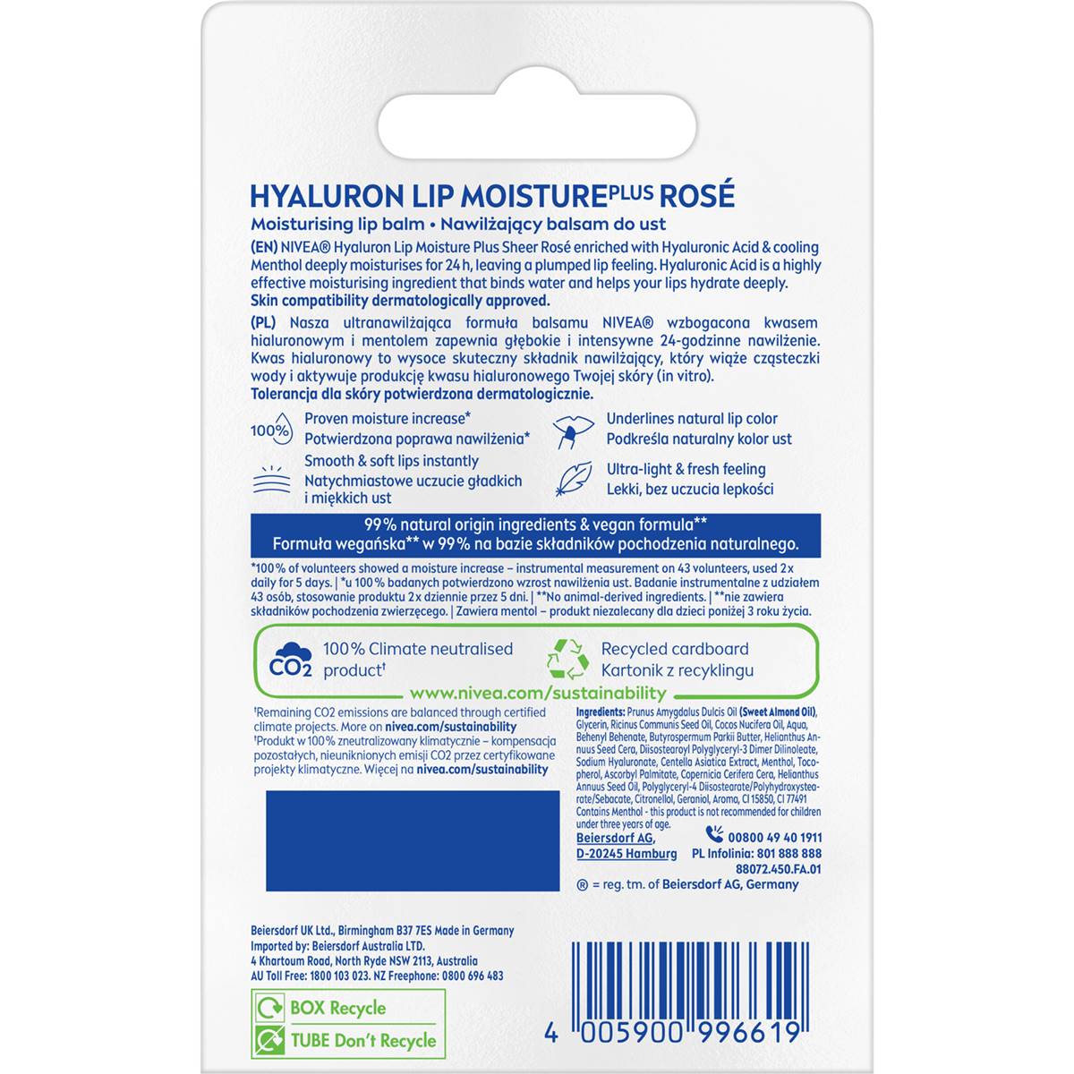 Nivea Hyaluron Lip Moisture Balm Sheer Rose 5.2g | Woolworths