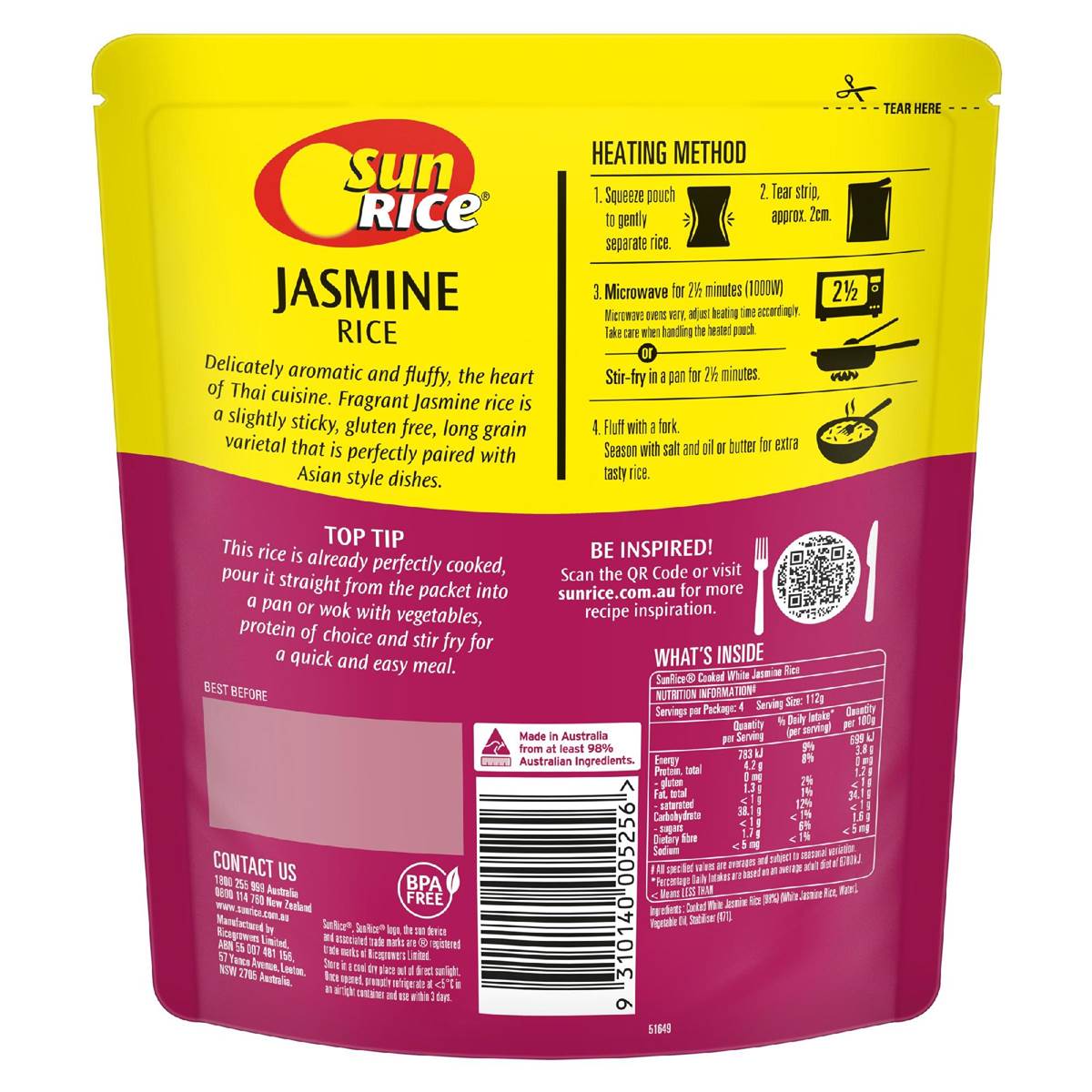 Sunrice Microwave Jasmine Rice Pouch 450g Woolworths