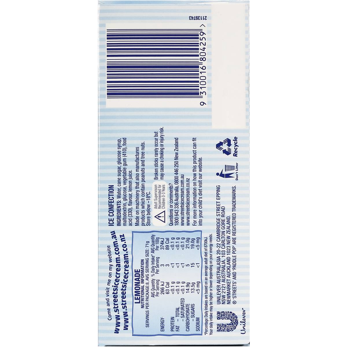 paddle pop water ice lemonade 8pk 576ml woolworths
