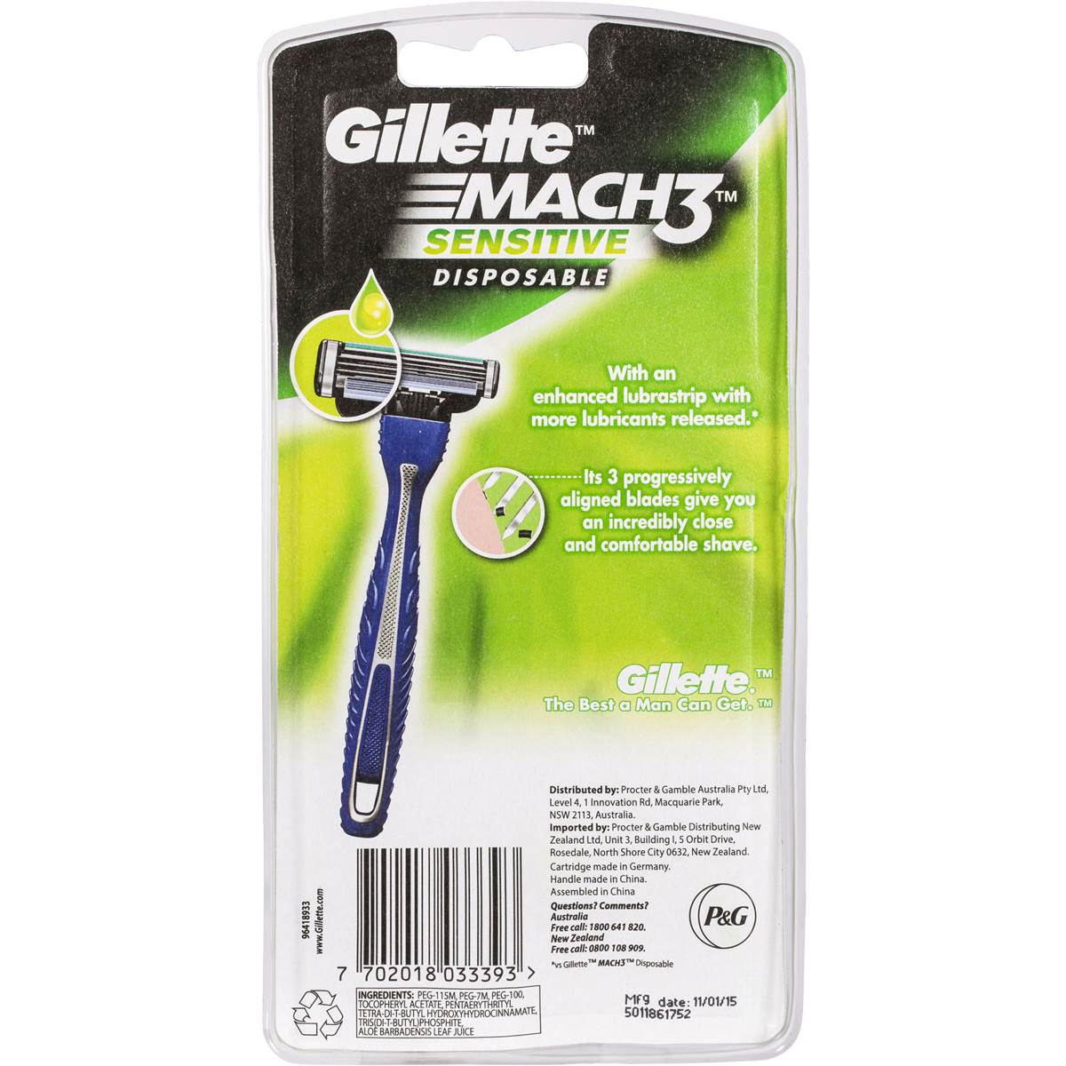 Gillette Mach 3 Disposable Shaving Razor Sensitive 3 Pack Woolworths