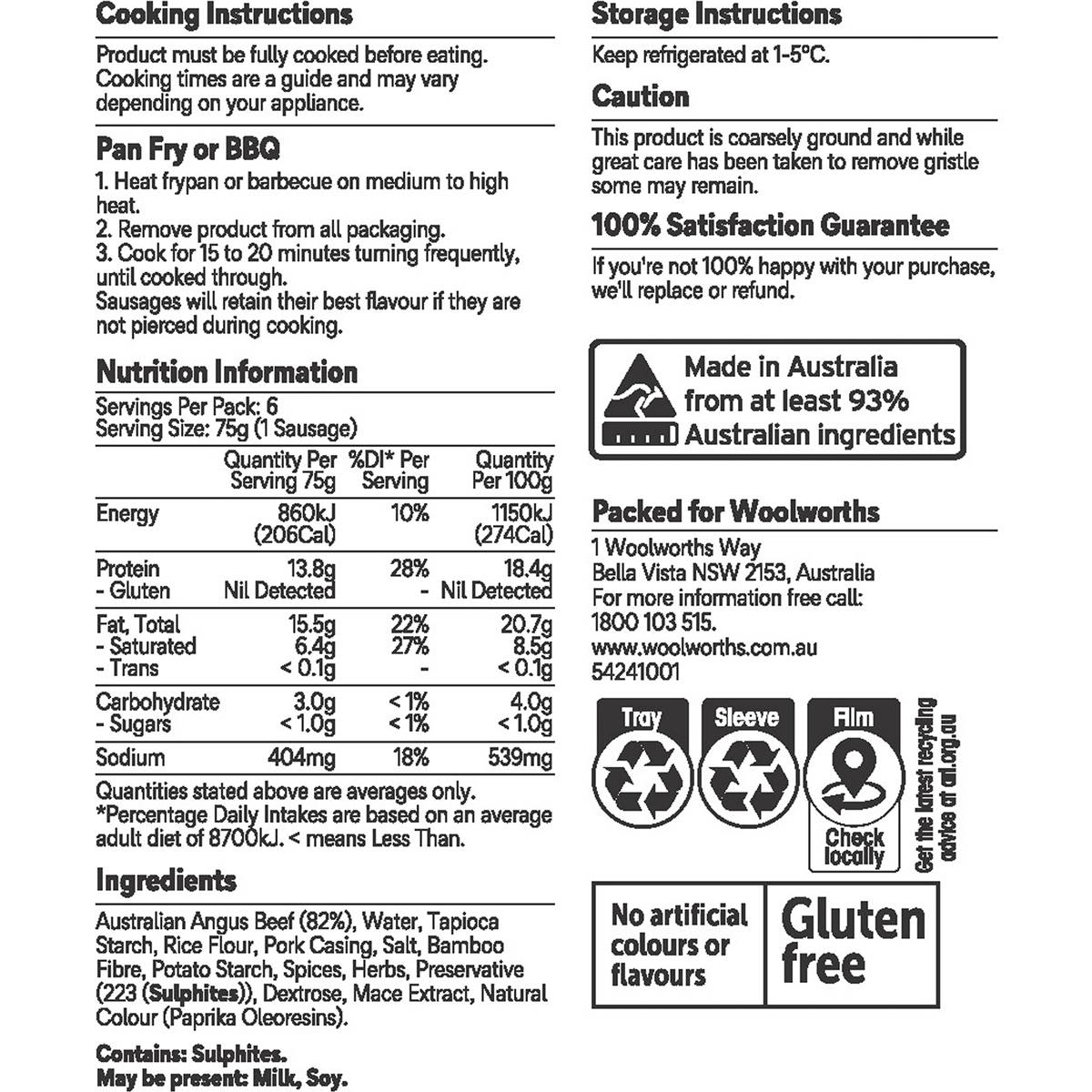 Woolworths Classic Angus Beef Sausages 6 Pack Woolworths