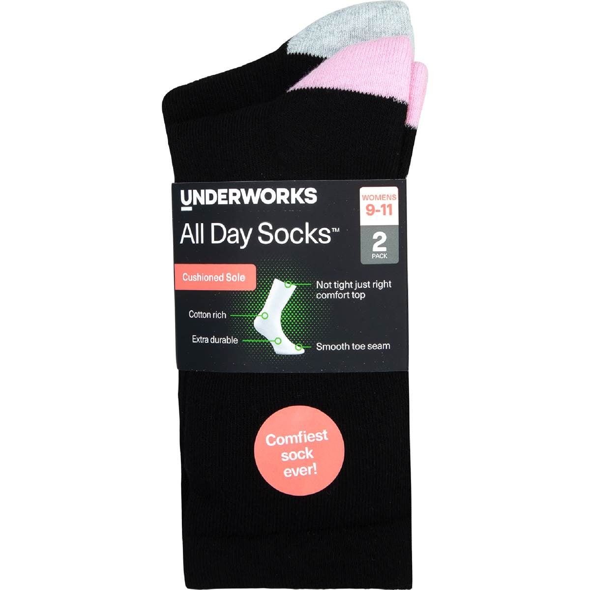 Underworks Womens All Day Cushion Foot Socks Black Size 911 2 Pack