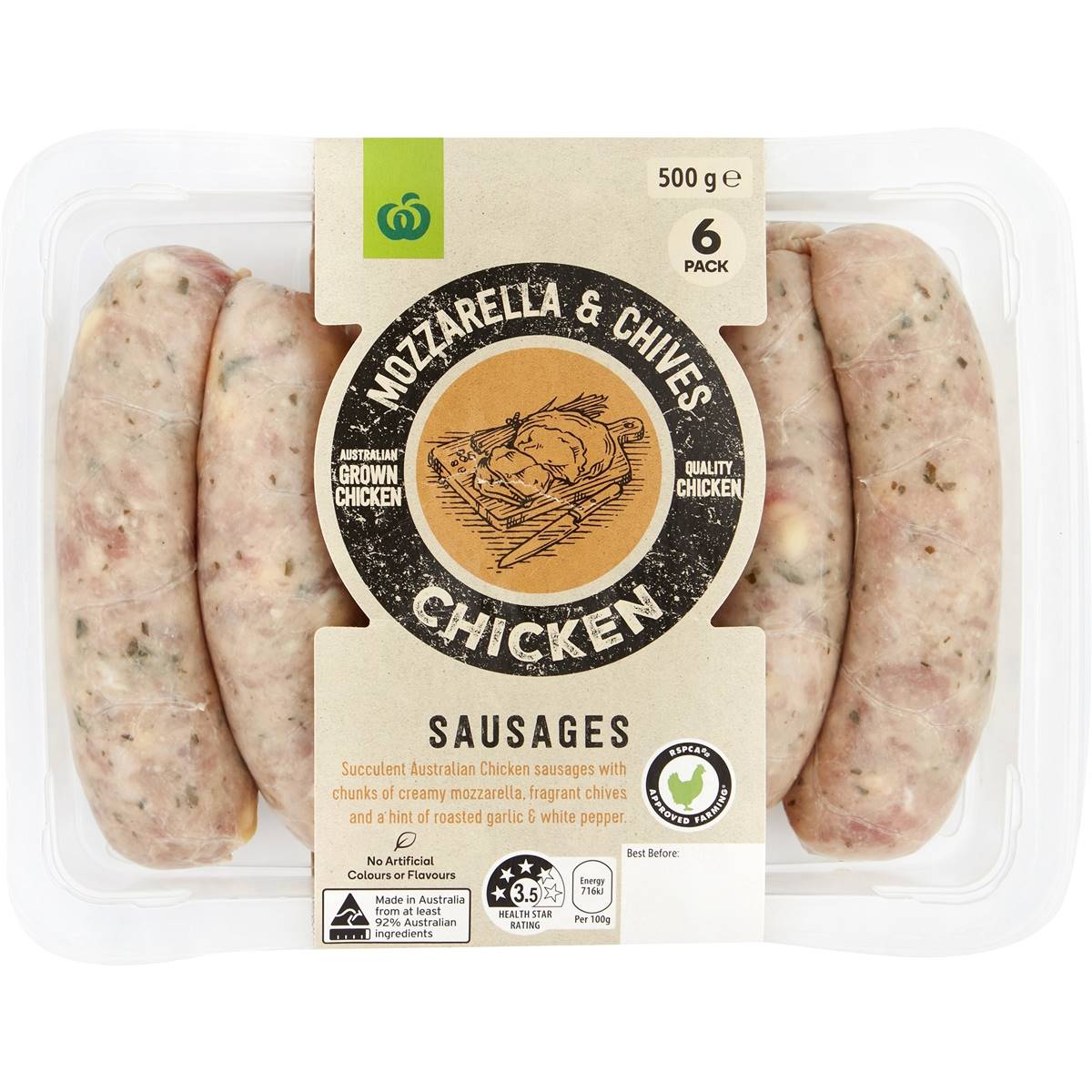 Woolworths Chicken, Mozzarella & Chives Sausages 6 Pack Woolworths