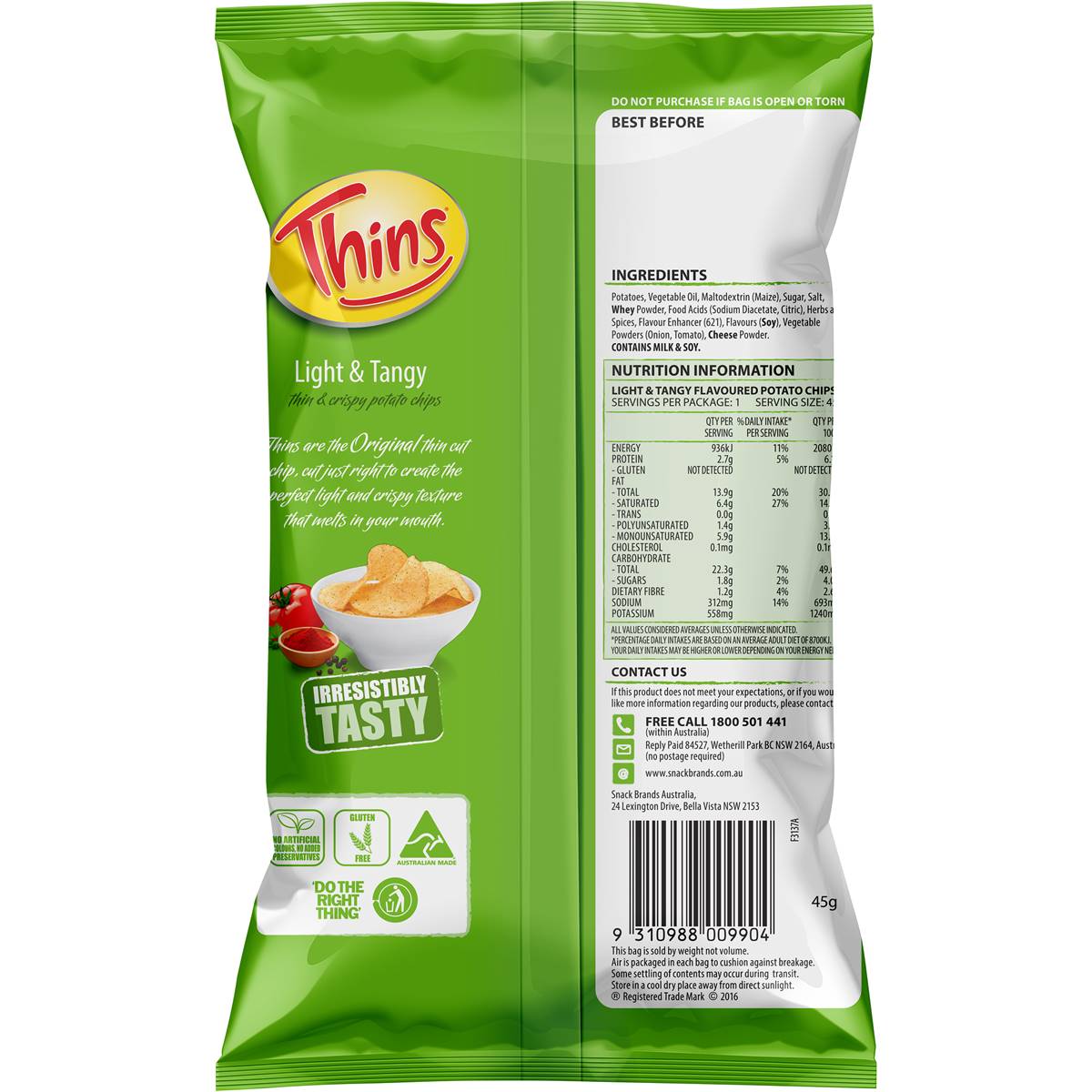 Thins Light & Tangy Potato Chips 45g Woolworths
