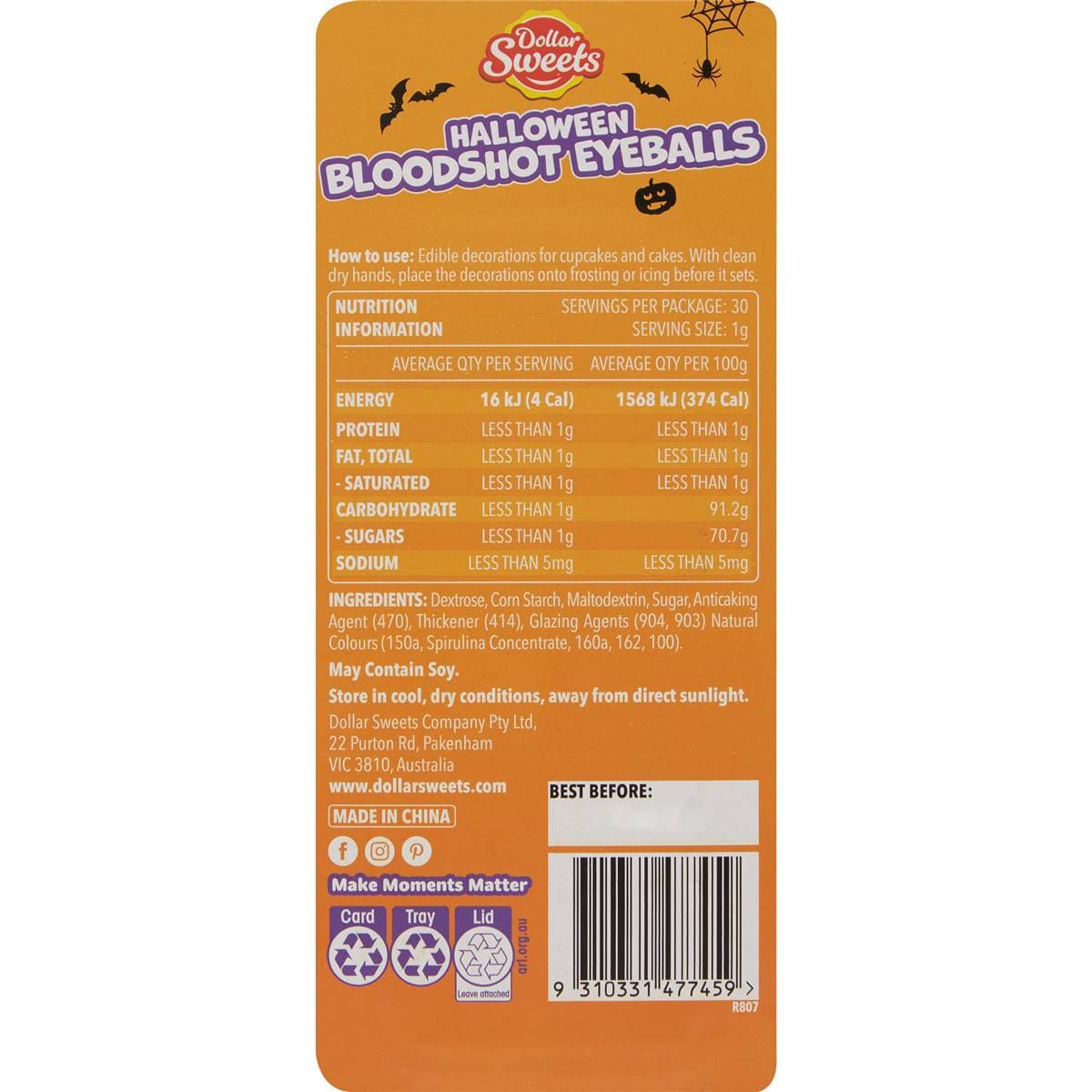 Dollar Sweets Halloween Eyeball Sprinkles 30g Woolworths