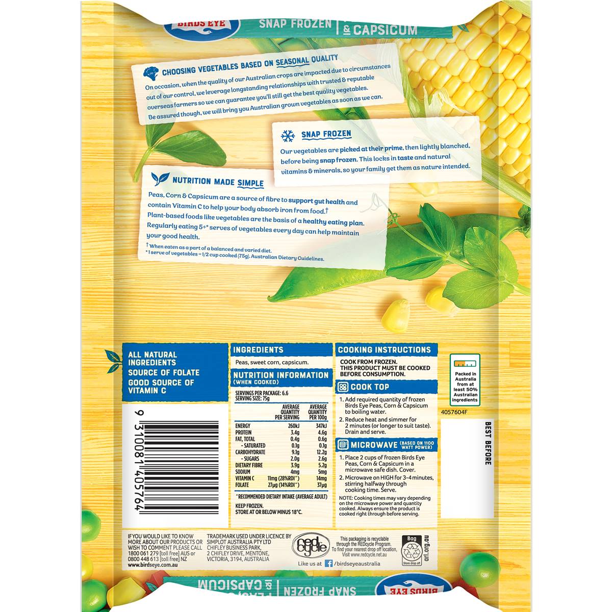 Birds Eye Snap Frozen Mixed Vegetables Peas, Corn & Capsicum 500g