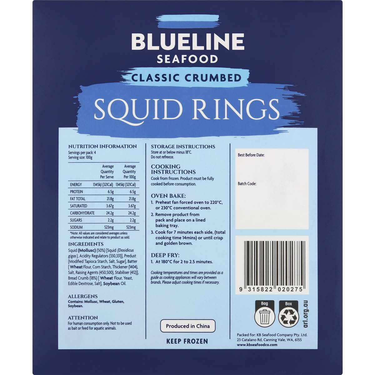 Blueline Seafood Crumbed Squid Rings 400g | Woolworths