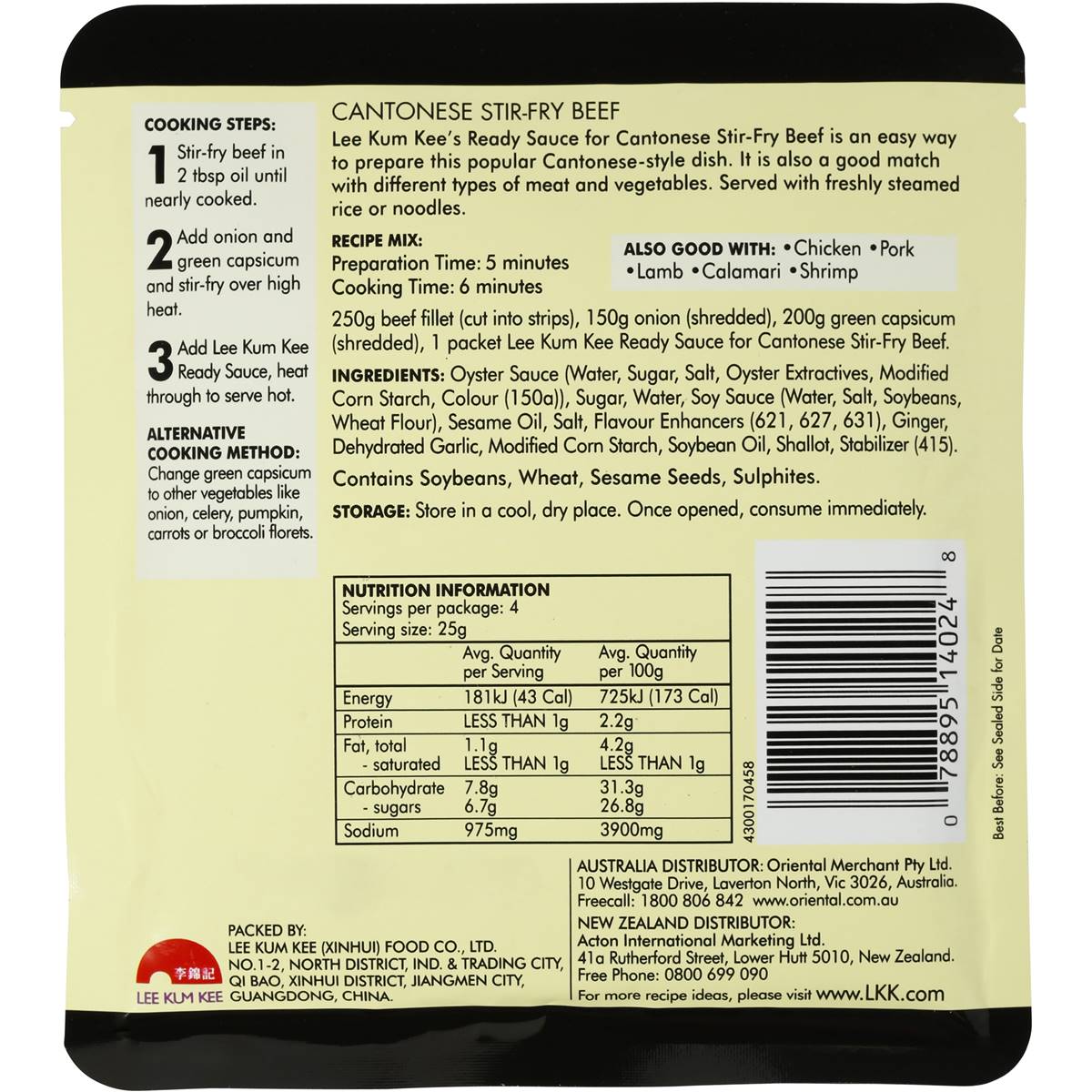 Lee Kum Kee Ready Sauce Stir Fry Cantonese Beef 100g Woolworths