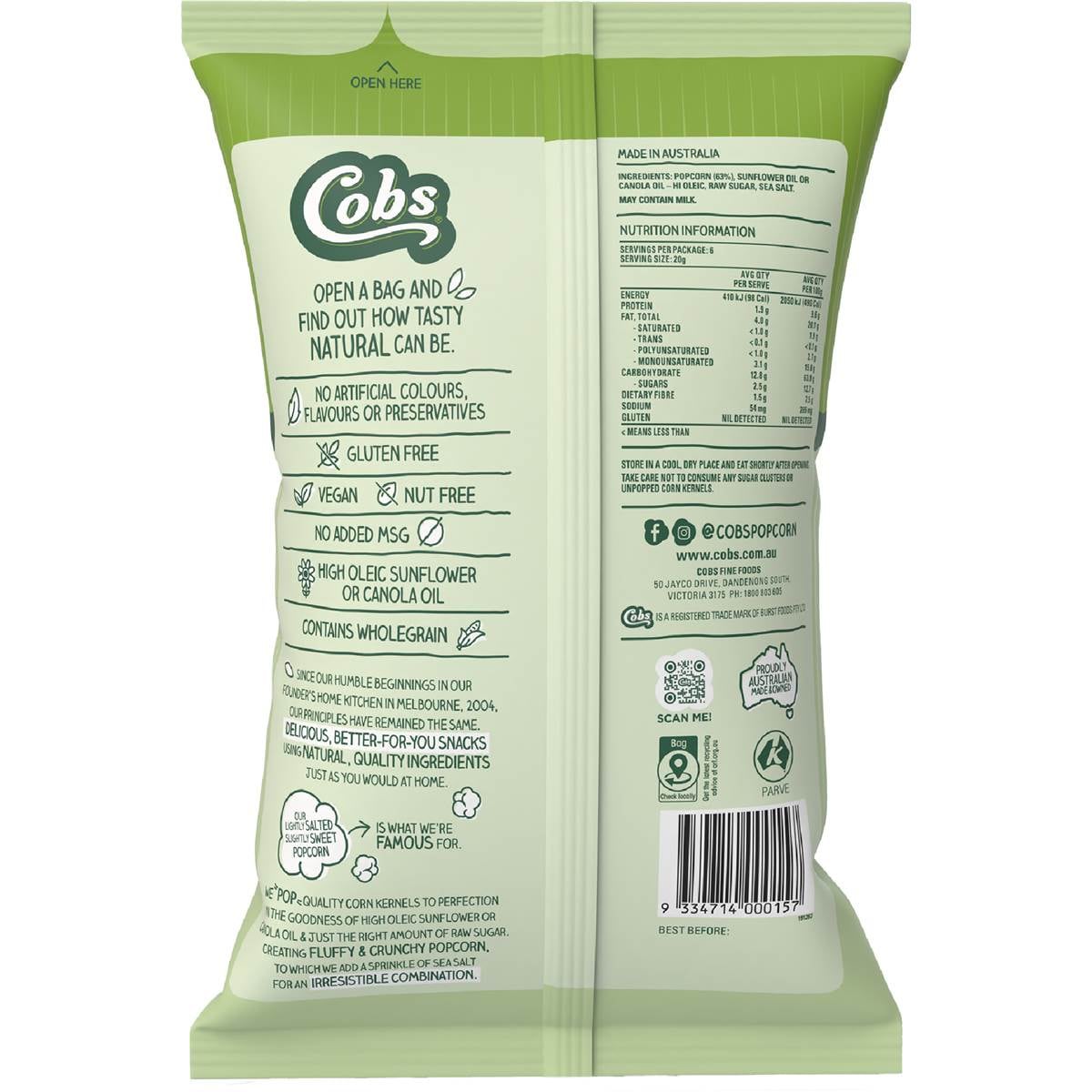 Cobs Natural Popcorn Lightly Salted Slightly Sweet 120g Woolworths