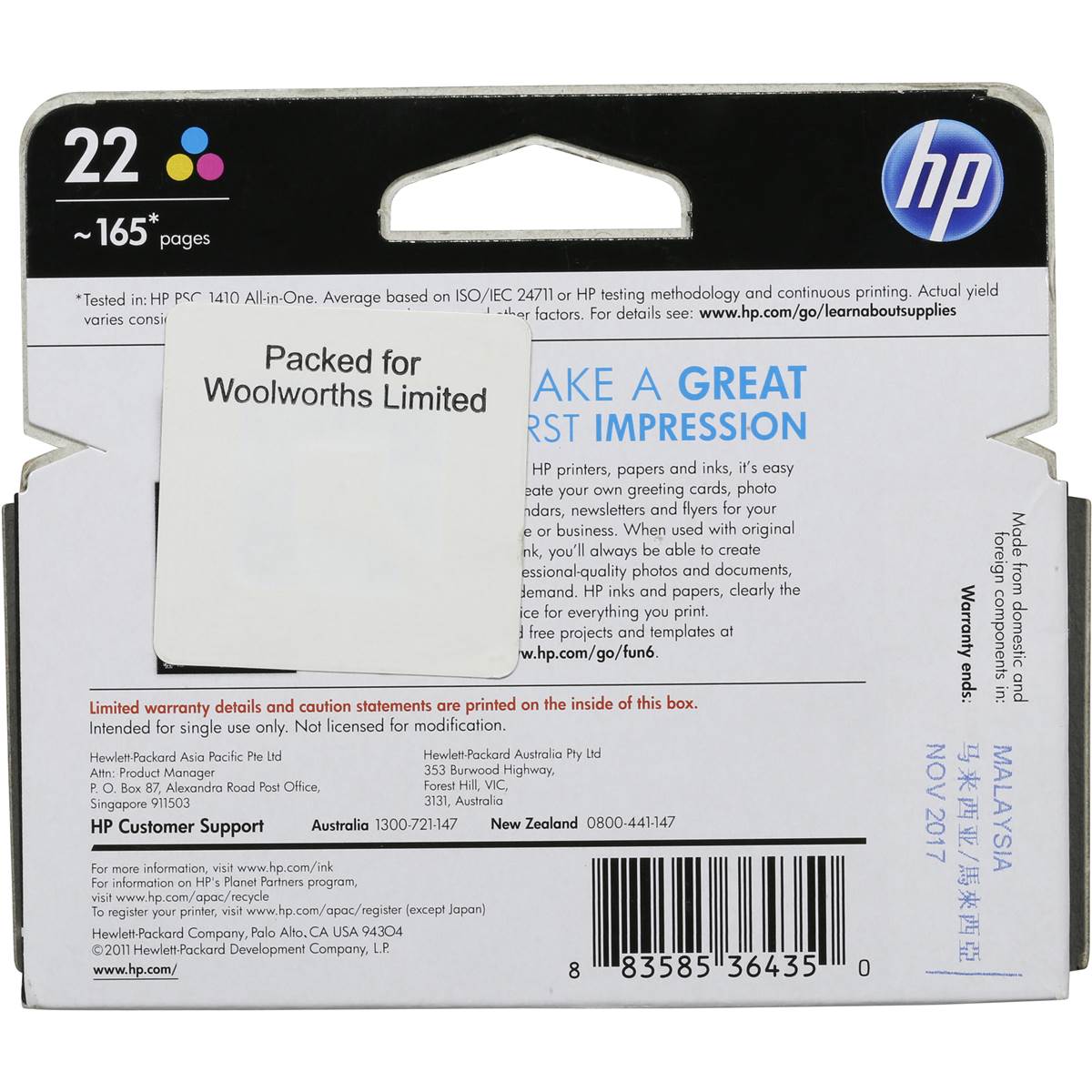 Hp Printer Ink 22 Injet Tricolour Each Woolworths