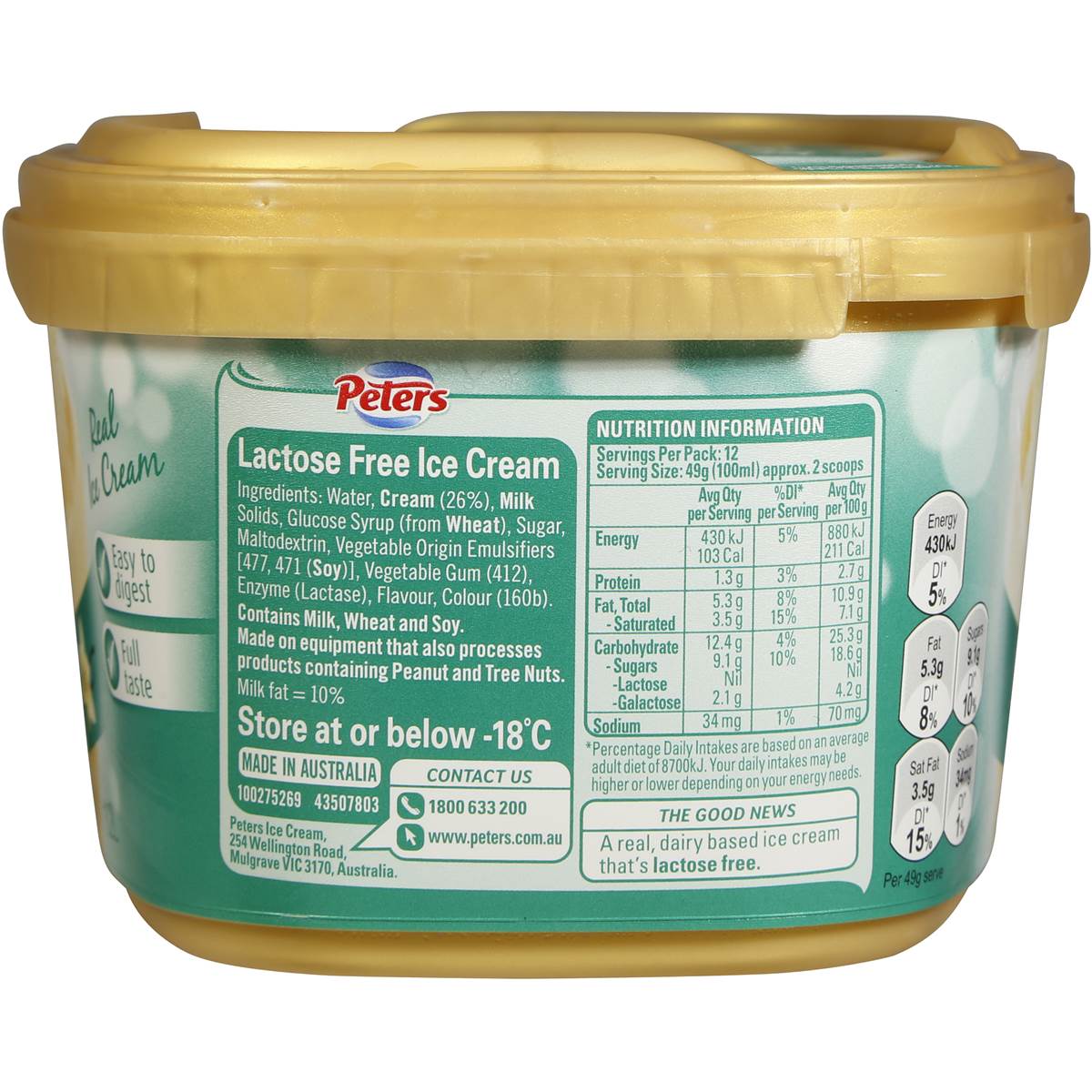 Peters Lactose Free Ice Cream Creamy Vanilla 1.2l tub Woolworths