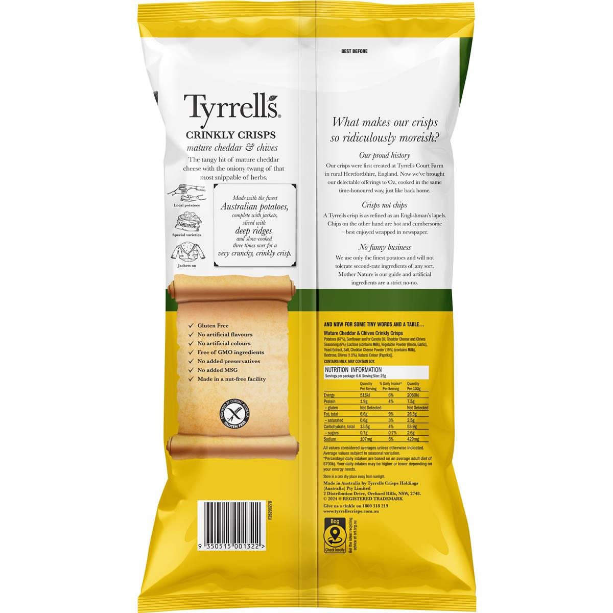 Tyrrell's Crinkly Chips Mature Cheddar & Chives 165g Woolworths