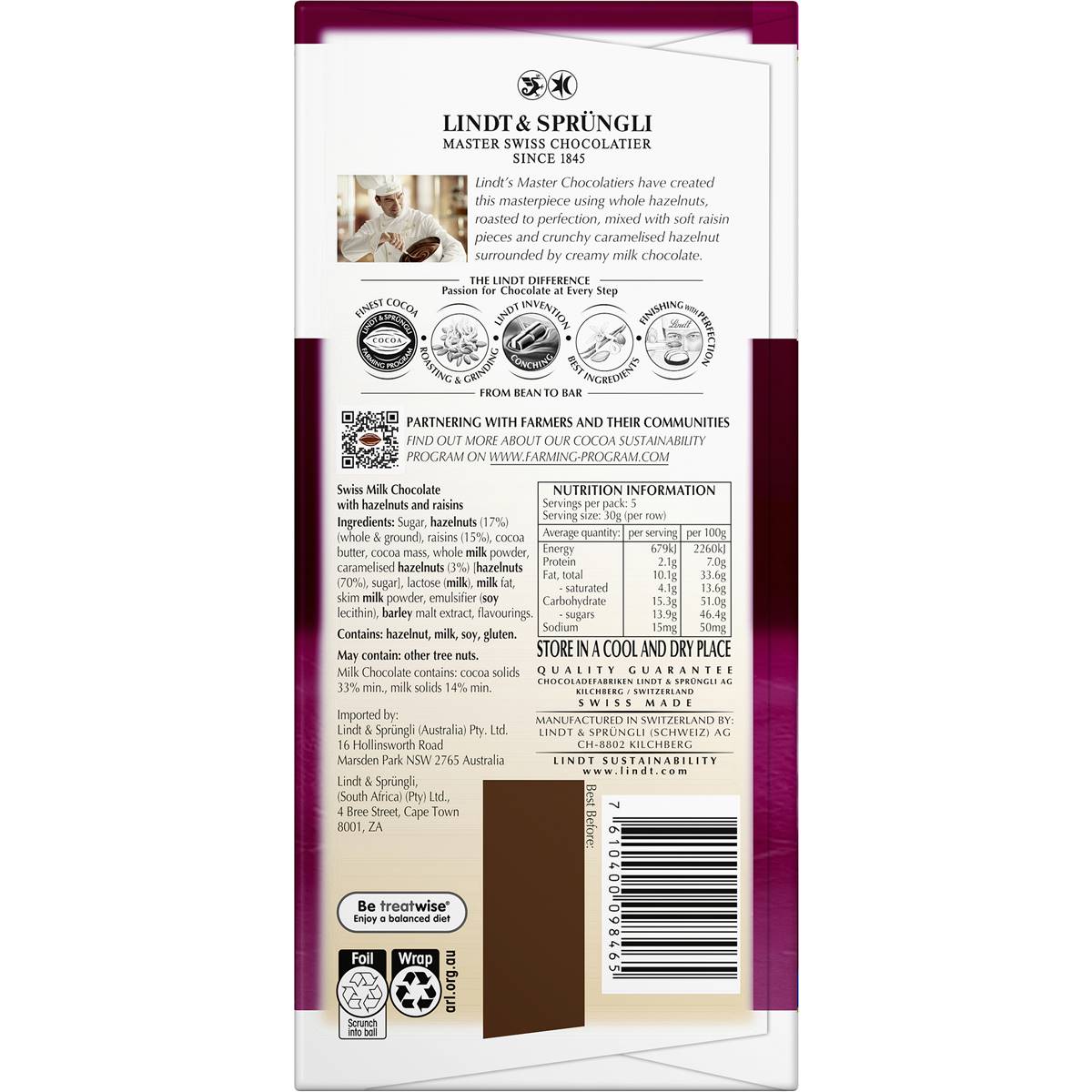 Lindt Les Grandes Hazelnut & Raisin Milk Chocolate Block 150g Woolworths