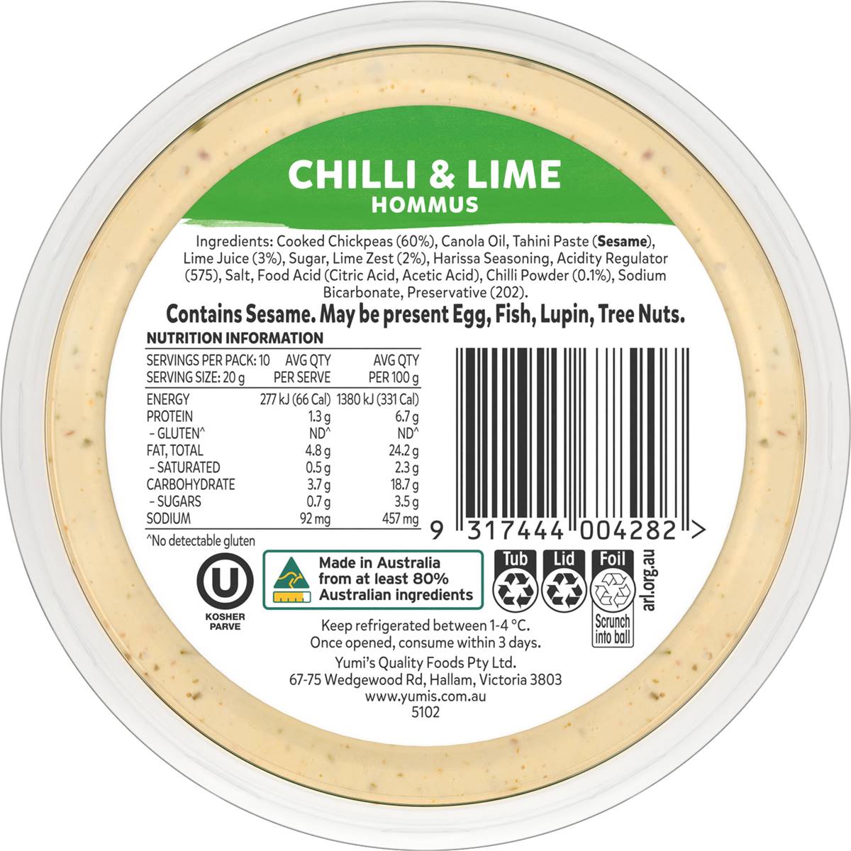 Yumi's Chilli & Lime Hommus 200g Woolworths