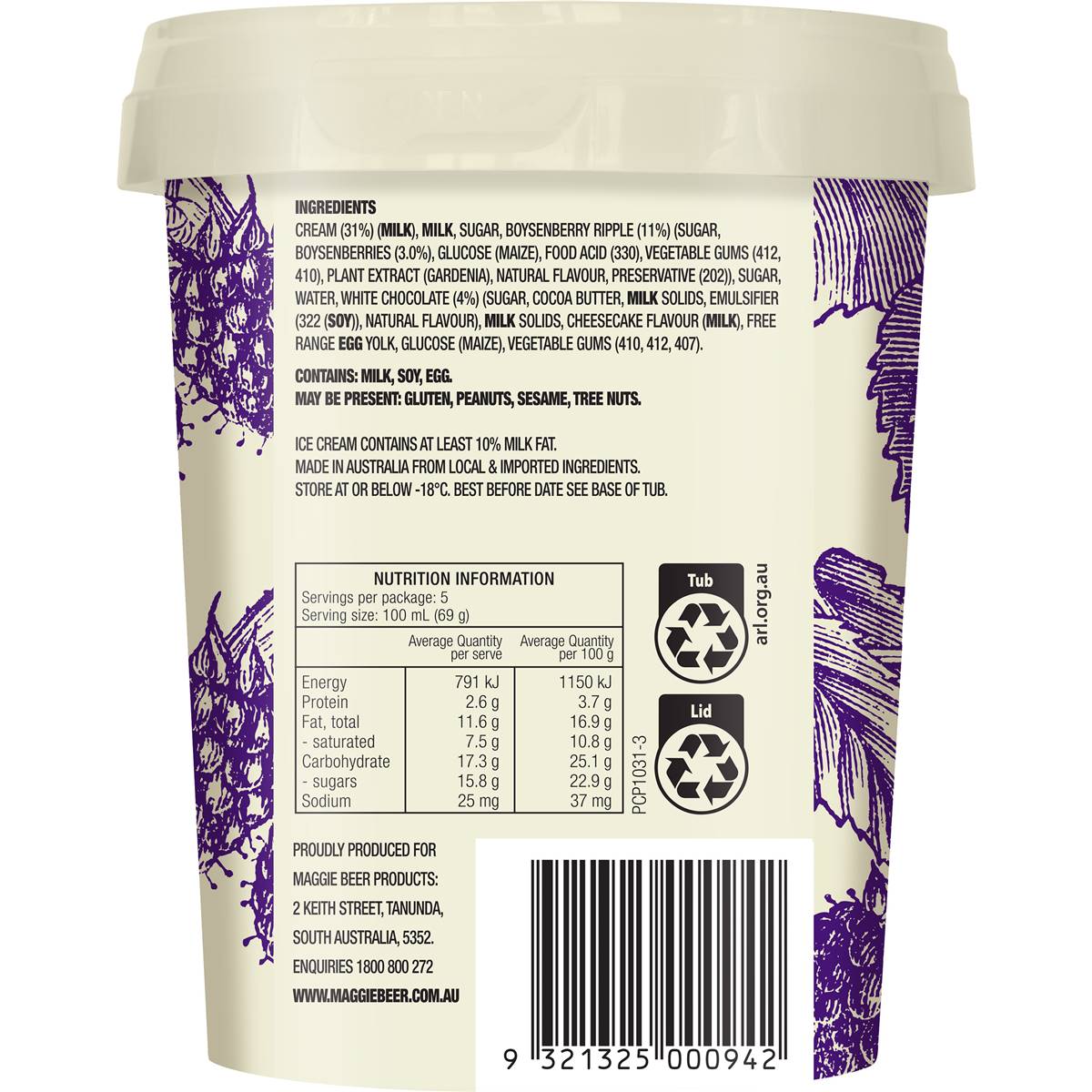 Maggie Beer Ice Cream White Chocolate Boysenberry Ripple 500ml Woolworths