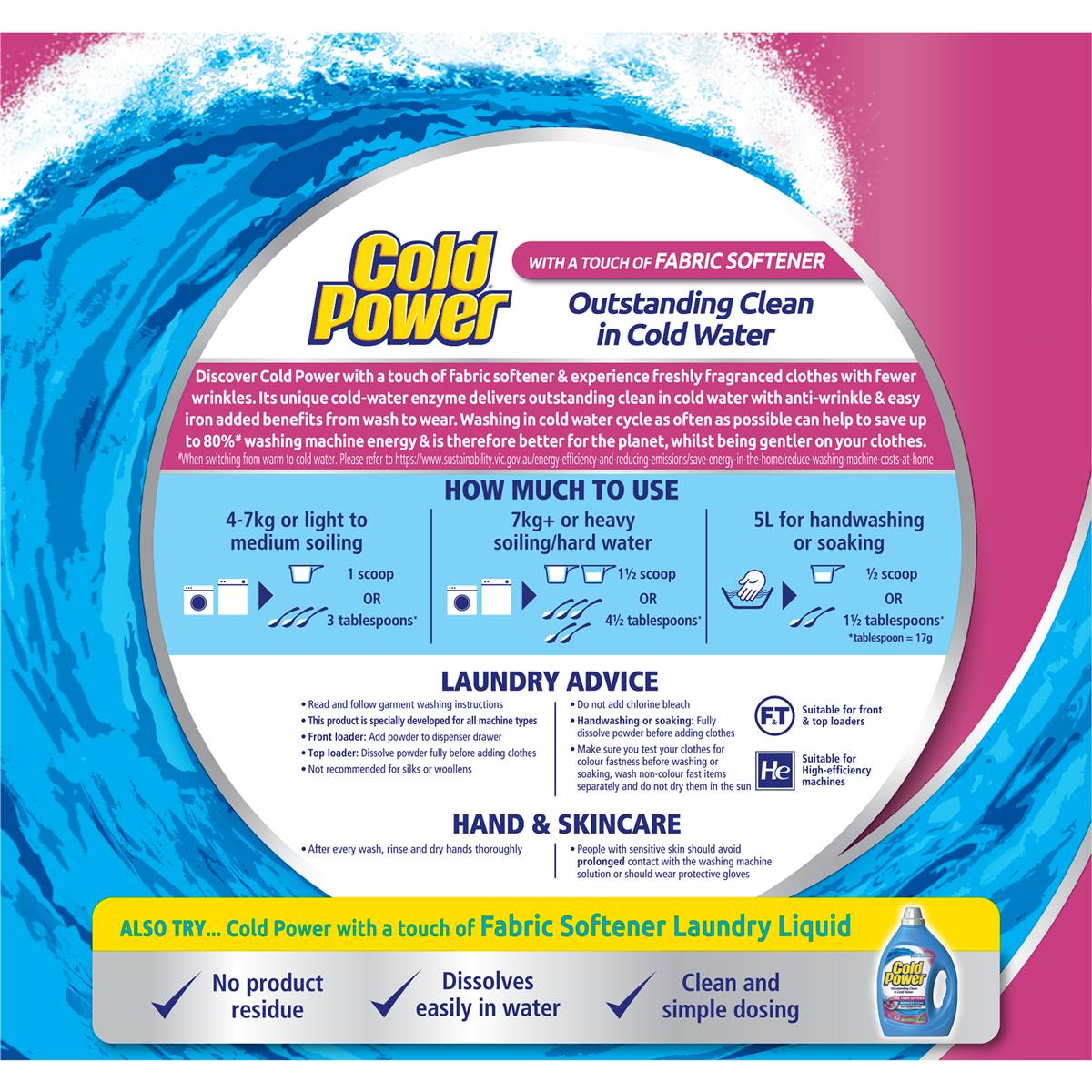 Cold Power Advanced Clean Fabric Softener Laundry Washing Powder 2kg