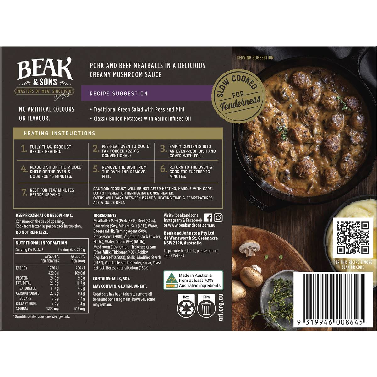 Beak & Sons Slow Cooked Meatballs In Creamy Mushroom Sauce 500g