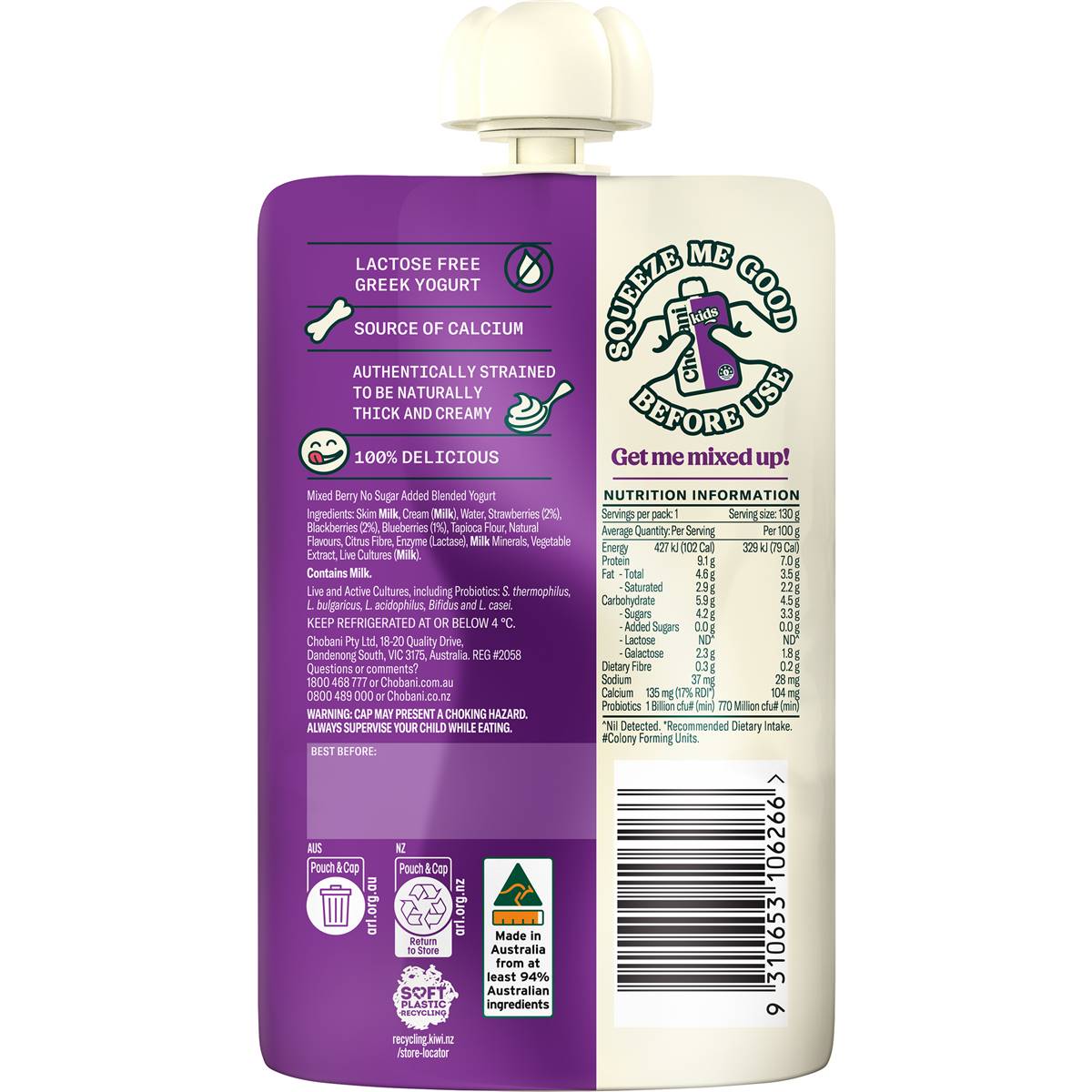 Chobani Kids Yogurt Pouch Mixed Berry 130g Woolworths