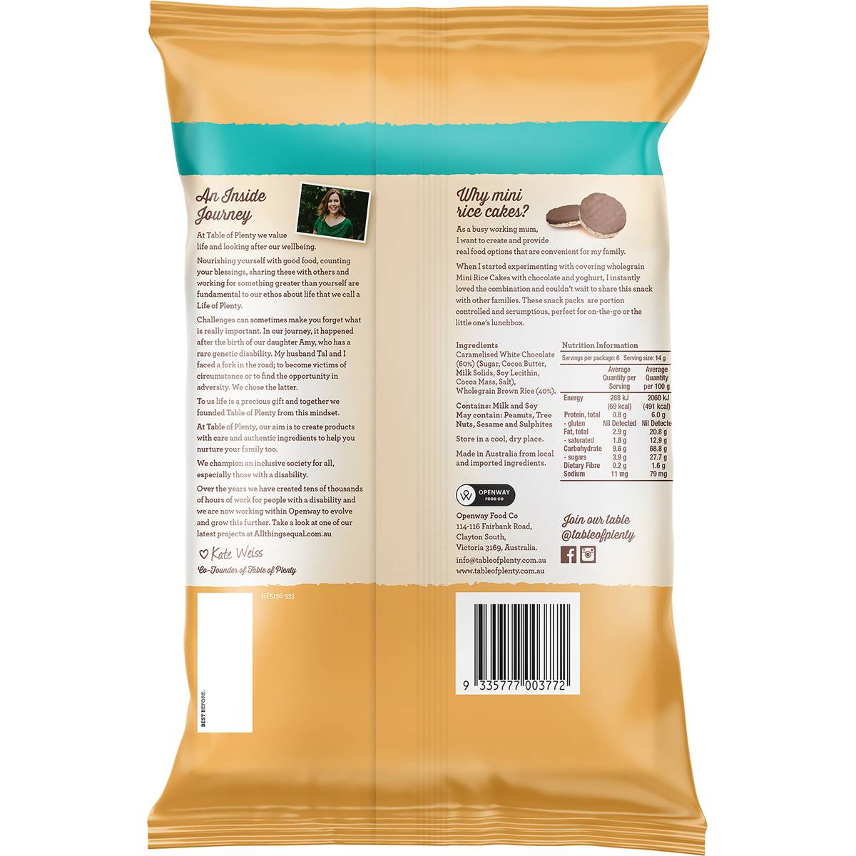 Table Of Plenty Mini Rice Cakes Caramel White Chocolate 6 Pack Woolworths