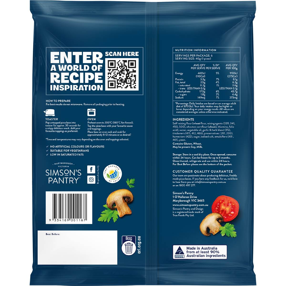 Simson's Pantry Mini Pizza Base Premium Garlic & Herb 6 Pack Woolworths