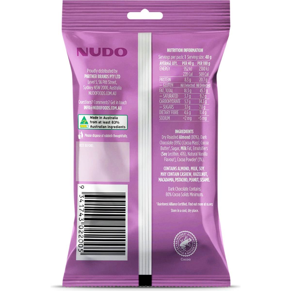 Nudo Lightly Dipped Almonds Cocoa Dusted Dark Chocolate 40g Woolworths