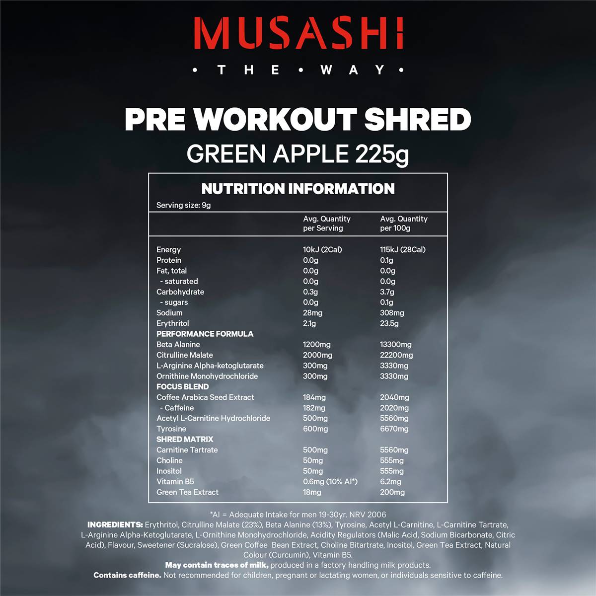 Musashi Pre Workout Shred Green Apple 182mg Woolworths