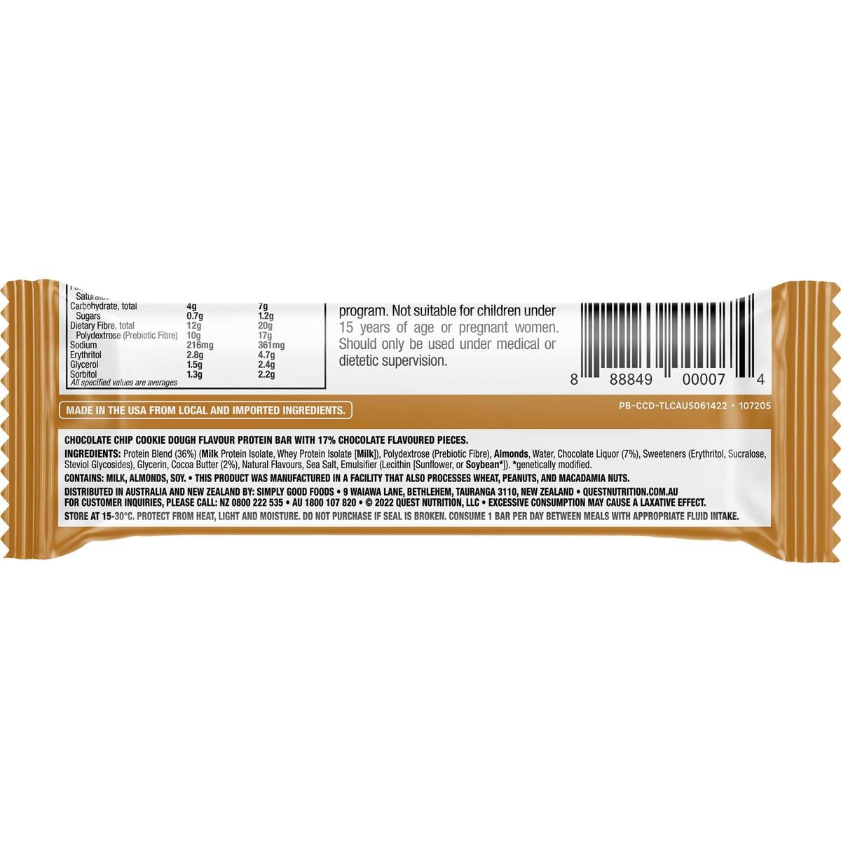 Quest Bar Choc Chip Cookie Dough 60g Woolworths