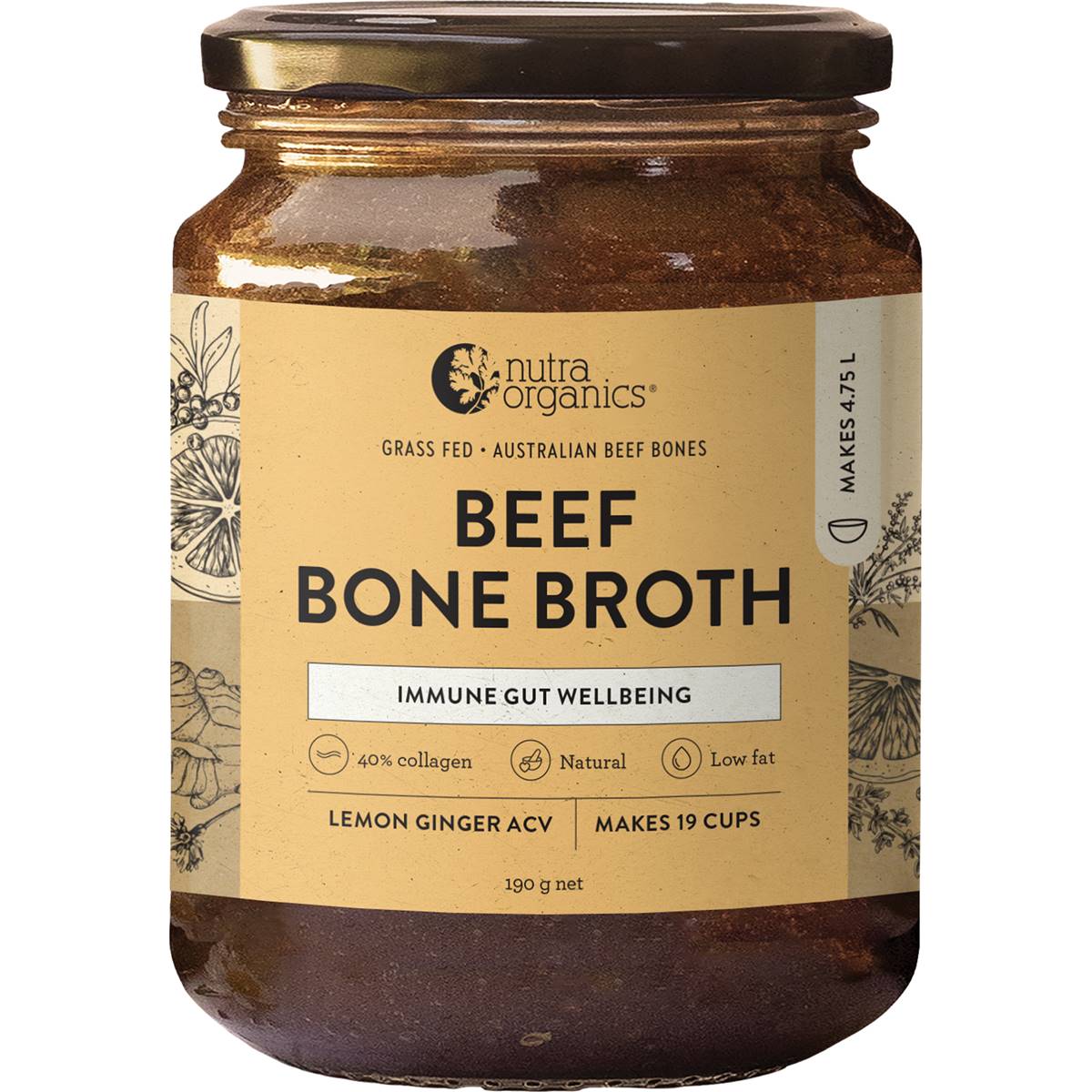 Nutra Organics Beef Bone Broth Lemon Ginger Acv 190g Woolworths