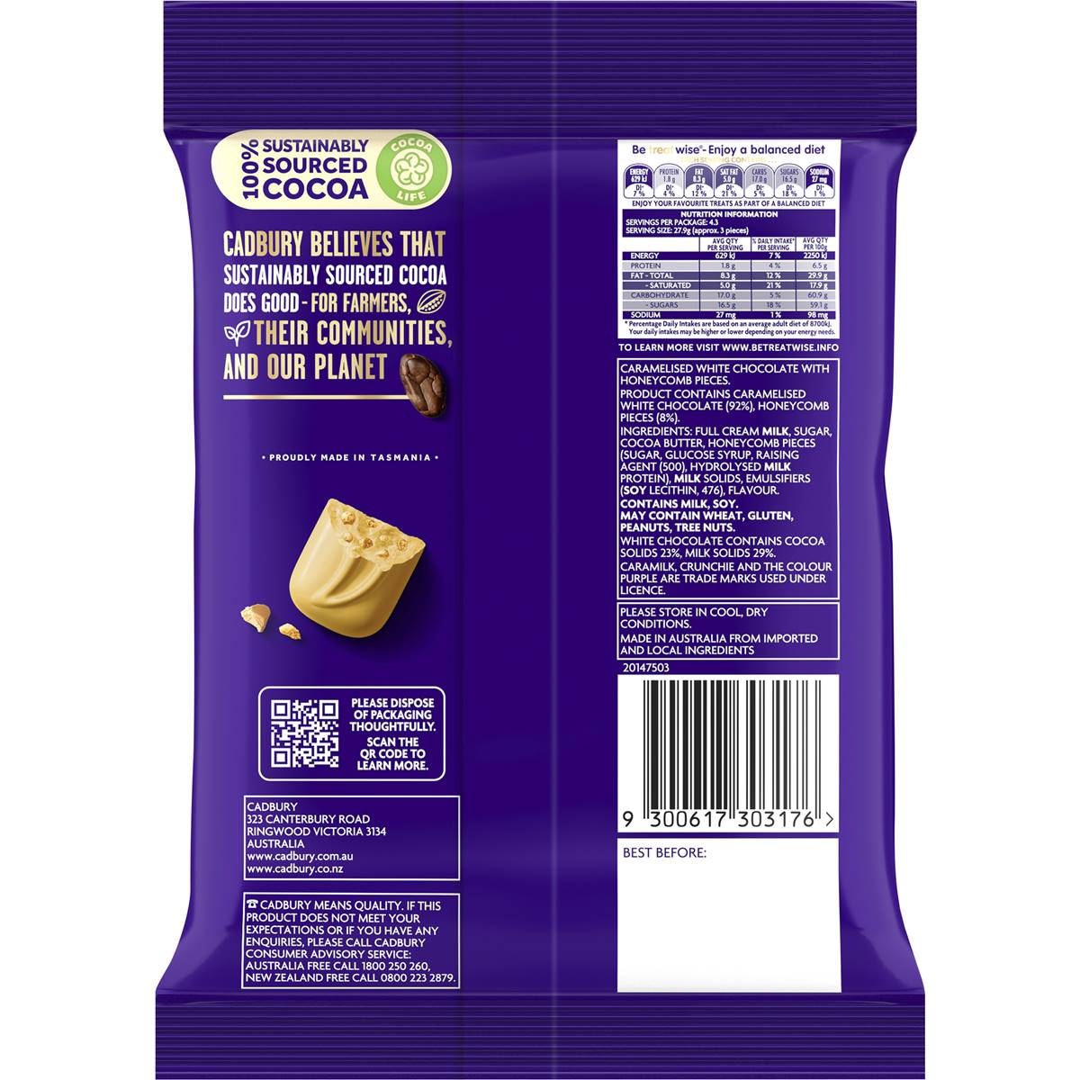 Cadbury Caramilk Chocolate Crunchie Bites Snack & Share Bag 120g ...