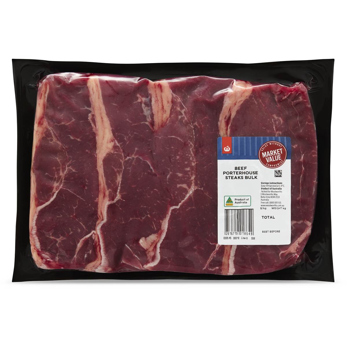 Woolworths Market Value Beef Porterhouse Steak 900g 1.2kg Woolworths