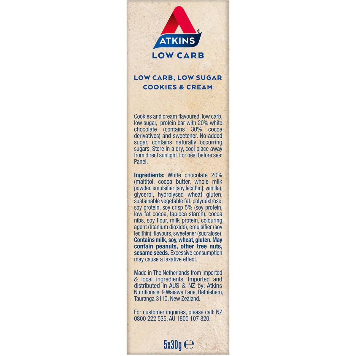 Atkins Low Carb High Protein Cookies & Cream Bars 5 Pack Woolworths