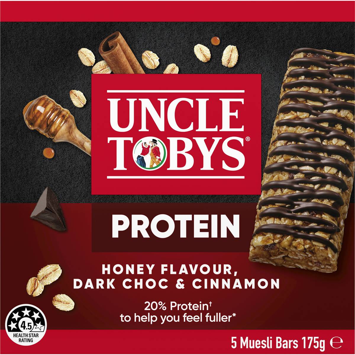 Uncle Tobys Protein Muesli Bar Honey Flavour Dark Choc Cinnamon 175g