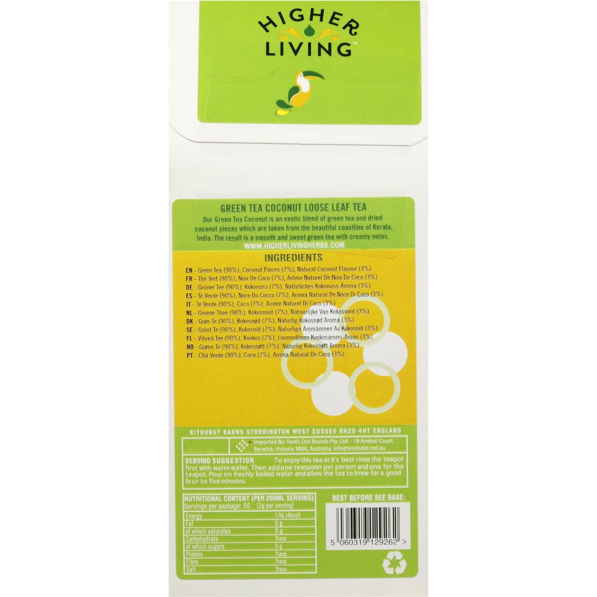 Higher Living Loose Leaf Green Tea Coconut 100g Woolworths