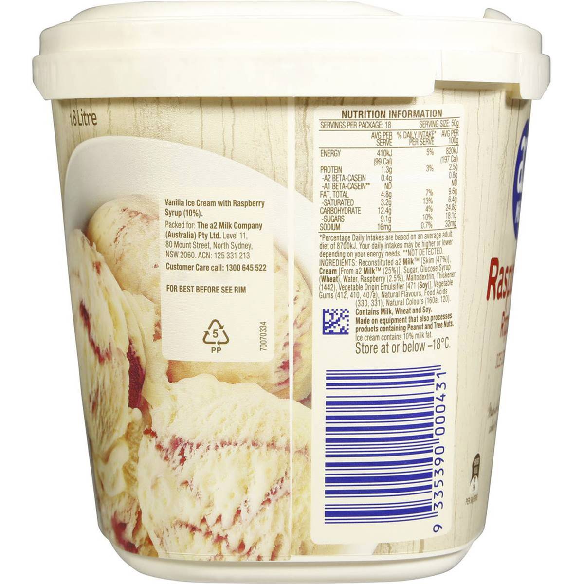 A2 Ice Cream Raspberry Ripple 1.8l tub