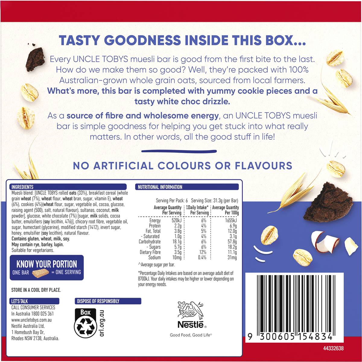 Uncle Tobys Muesli Bars Cookies And Creme' 185g | Woolworths