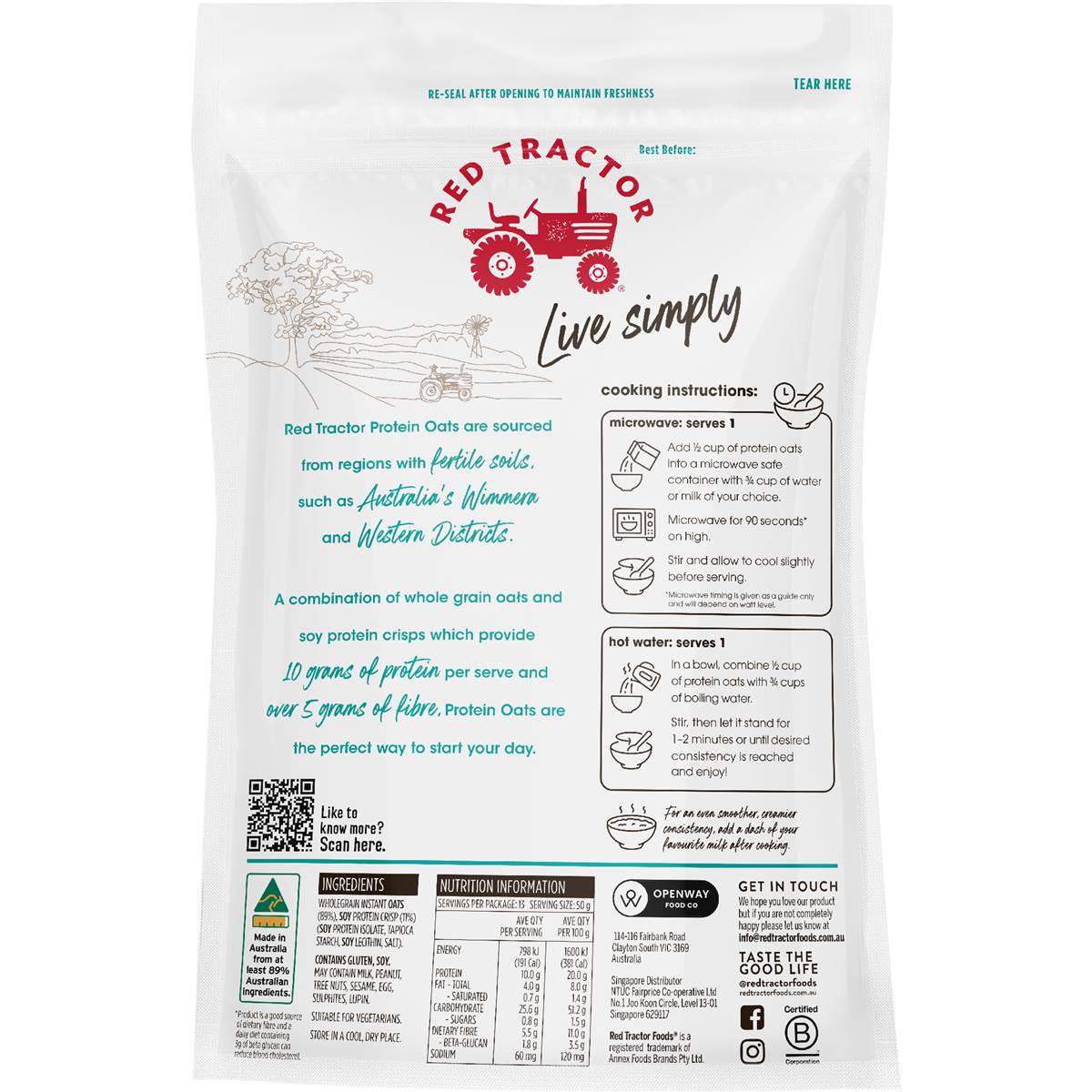 Red Tractor Protein Creamy Style Instant Oats Original 750g Woolworths