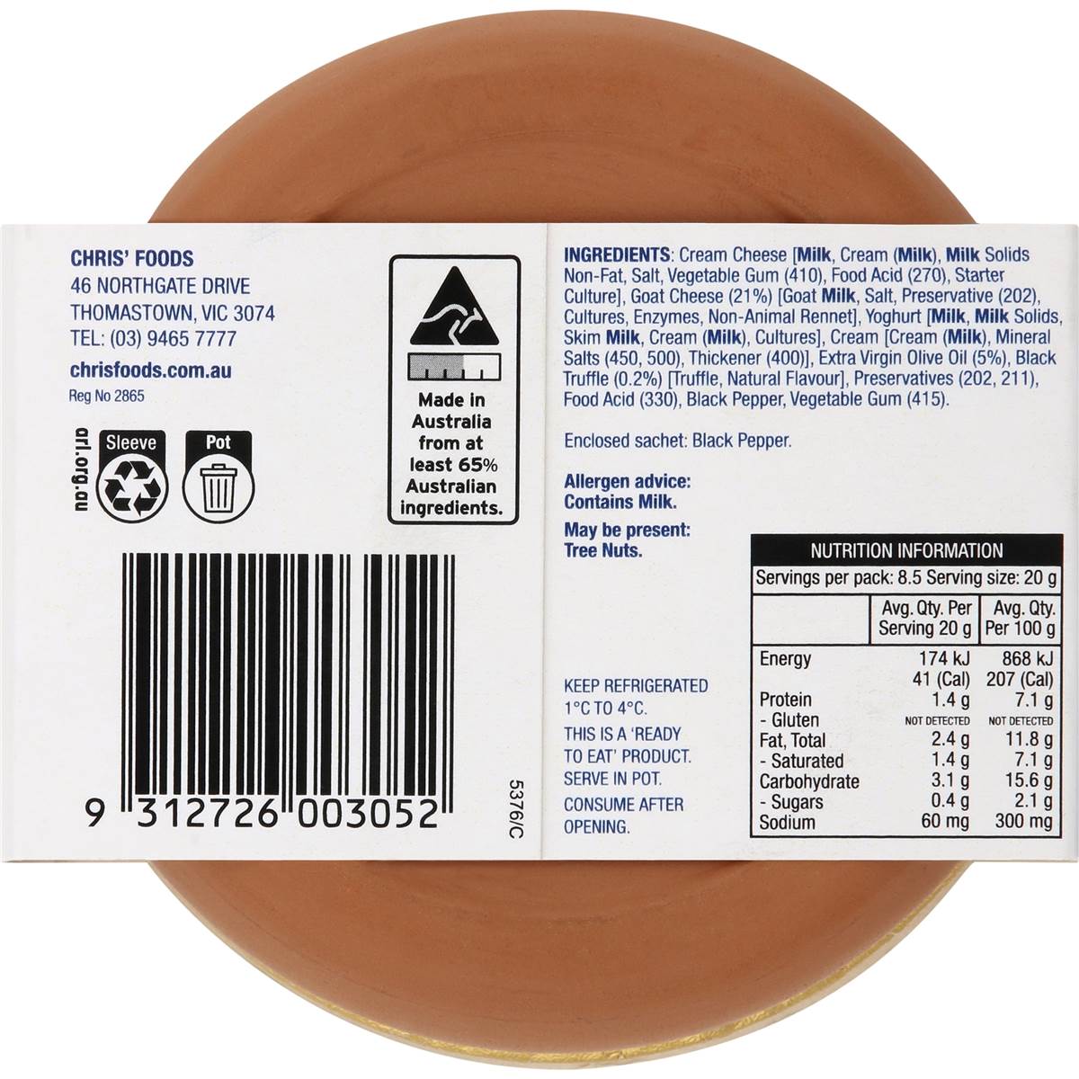 Chris' Heritage Goat Cheese & Black Truffle Dip 170g Woolworths