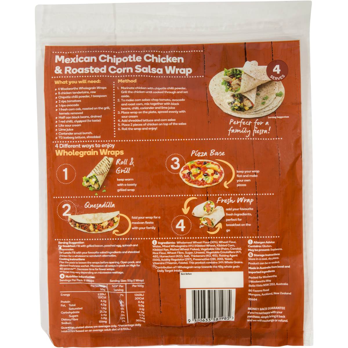 Woolworths Soft Wraps Wholegrain 8 Pack Woolworths